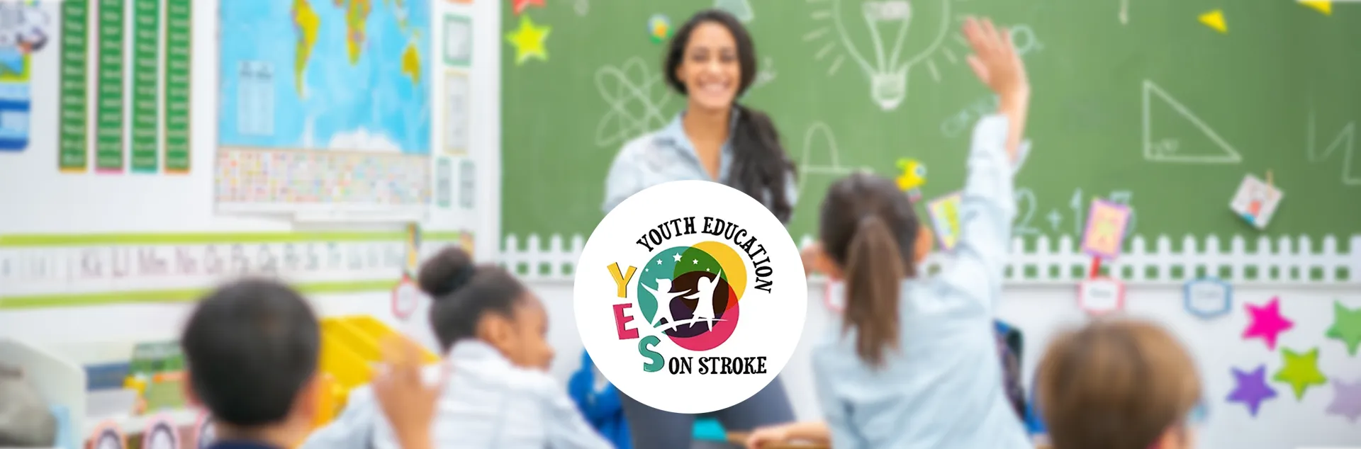 Youth Education on Stroke Header with Elementary Classroom Background and Logo